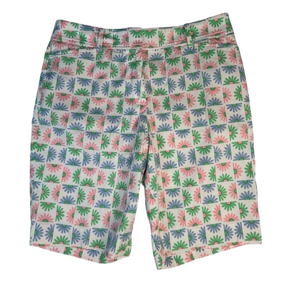 Talbots Pastel Floral-Check Bermuda Shorts - Pink, Green, Blue on White